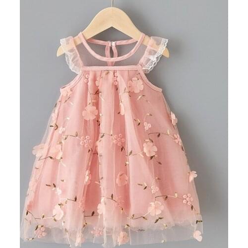 Summer Girls Embroidered Dress Baby Toddler Kids Knee-Length Fashion Party Lace Sleeveless Mesh Birthday Princess Dresses