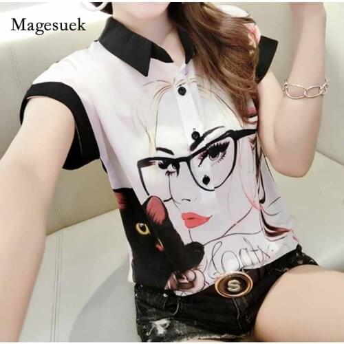 2020 Summer Woman Short Sleeve Chiffon Blouse Pullover Print Women Tops Casual Turn-down Collar Blusas Mujer De Moda 4475 50