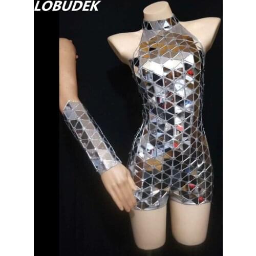 Fashion Shining Sleeveless Silver Mirrors Sexy Bodysuit Playsuits Women Nightclub Party Birthday Outfit Singer Dancer Stage Wear
