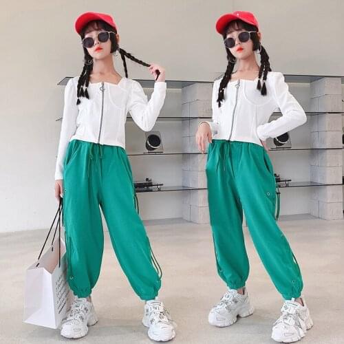 Girls Fashion Suit Spring And Autumn White Zipper Long-sleeved Top + Loose Trousers New Sports And Leisure 2-piece Set 8-14 Y