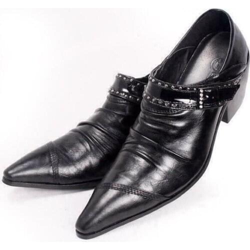 Mens Real Leather Pointed Toe Med Cuban Heels Rivets Formal Buckle Club Shoes Wingtip Dress Business Black White Wedding