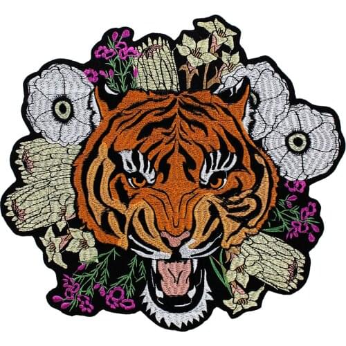 10pieces Embroidery Large Fashion Tiger Head Flowers Fabric Back Patch Motif Applique Iron on Badge for Clothes Jacket TH1311