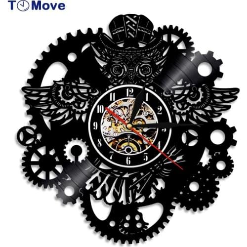 Steampunk Owl Vinyl Record Wall Clock Modern Design Gear Cog Night Owl Steampunk Personalized LED Wall Clock Home Decor Gift
