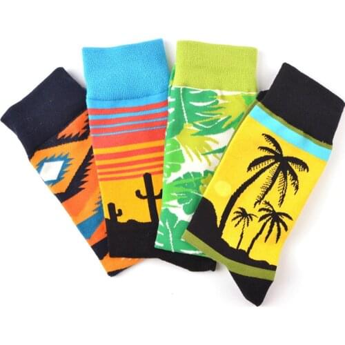 5 Pairs/Mens Socks Men Cotton Creative Pattern Crew Socks Man Street Skate Hip Hop Mid-tube Socks Coconut Tree Cactus pineapple