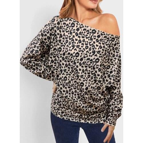 New womens autumn leopard print off-shoulder loose long-sleeved blouse shirt