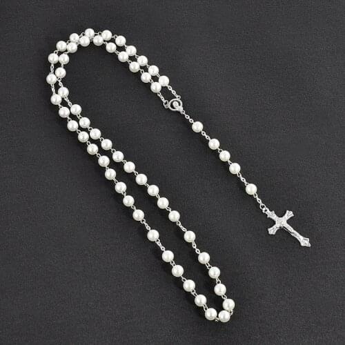 Imitation Pearl Cross Necklace Western Style Unisex Necklace Long Christian Necklace Beads Cross Religious Pendants Necklaces