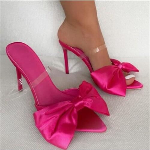 Sexy Women Rose Red Silk Big Butterfly-Knot Slippers 11.5CM Super High Heel Pointed Toe Mules Shoes Elegant Dress Party Sandals
