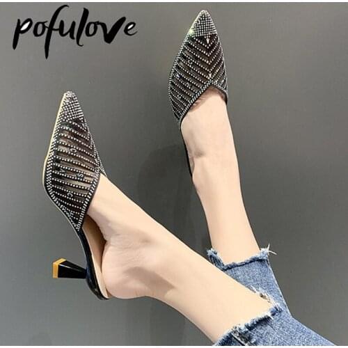 Pofulove Pumps Slippers Women Pointed Toe Shoes Rhinestone Party Wedding Pumps Fashion Ladies Sexy High Heel Summer Sandals