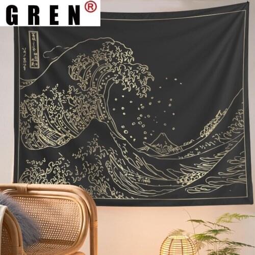 GREN Kanagawa Wave Black White Tapestry Wall Hanging Covering Rugs Background Cloth Beach Mat Blanket Art Bedroom Dorm Decor