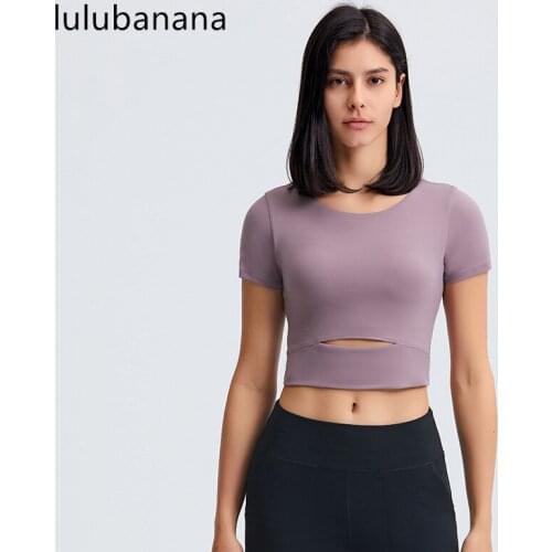 Lulubanana Women Crew Neck Crop Tops Padded Tummy Cut-Out Short Sleeve Sport Shirt for Yoga Fitness Running Tank Tops