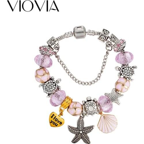 VIOVIA Hot Sale Pink Sea Series Starfish Charm Bracelet for Women Seashell Pendant Bracelet& Bangles B16059