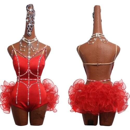 Shiny Diamond Strip Latin Dance Dress Women Sexy Salsa Skirt Red Fish Bone Curling Dresses Female Ballroom Competition Clothes