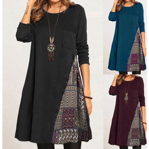 Womens dress bohemian style print hit color shirt dress ethnic style round neck print long sleeve pocket dress женское платье8