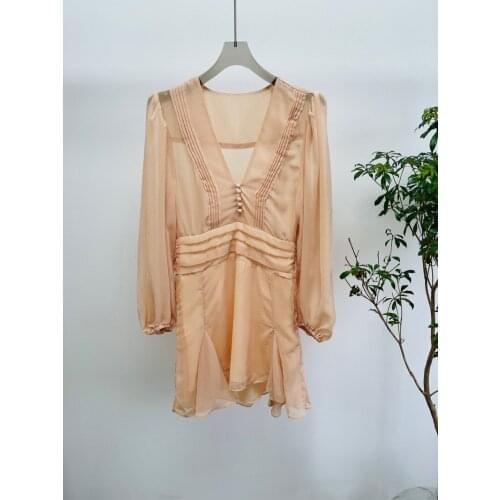 2021 New Women V-Neck Pleated Mini Dress Puff Sleeve Slim Waist Dot Print Fashion Ruffles Trim Short Dresses