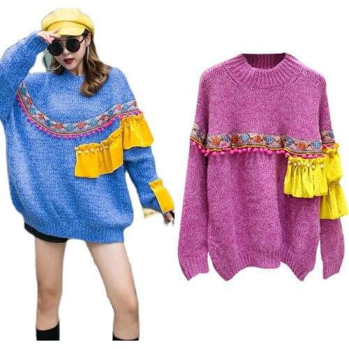 2020 Round Collar Flowers Embroidery Sweater For Female Pearls Beading Ruffles Long Sleeve Womans New Fashion Sweater Pullover