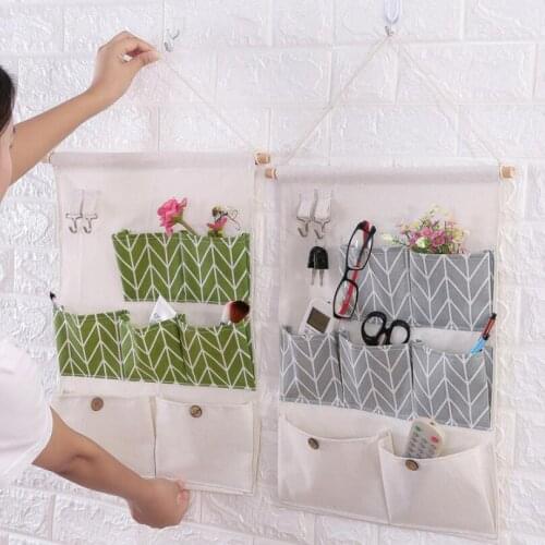 7 Pocket Hanging Storage Bags Cotton Linen Closet Wall Hanging Organizers Mounted Wardrobe Cosmetic Jewelry Storage Basket