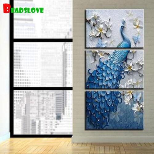 3 Pieces diamond painting full square round drill,Blue Peacocks and White Flowers embroidery Paintings for Home Decor Animal Art