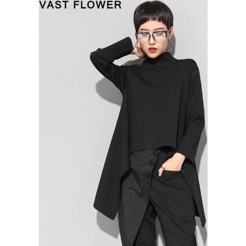 Irregular Black Vintage High Collar T-Shirt Women Plus Size Long Sleeve Tops Fashion Casual Korean Clothes Spring Autumn 2021