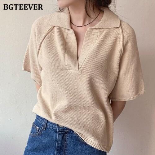 BGTEEVER Fashion Turn-down Collar Women Knitted T-shirts Summer Autumn Short Sleeve Female Tees Ladies Solid Knitting Tops 2020