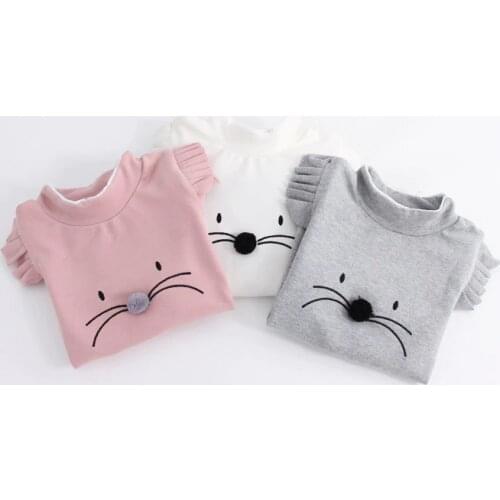 Girls blouse warm toddler autumn clothing thick cat shirt baby girls Puff Sleeve tops grey/white/pink shirt kids school blouse