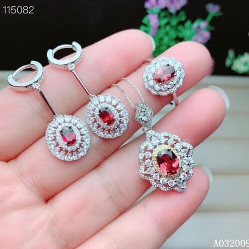 KJJEAXCMY fine jewelry 925 sterling silver inlaid natural garnet earrings ring pendant luxury girl suit support test