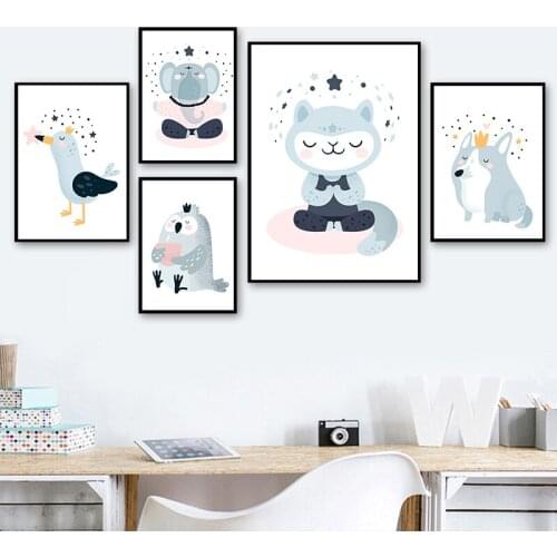 Canvas Painting Blue Elephant Birds Fox Poster Print Animal Nursery Wall Art Picture Nordic Baby Boys Bedroom Decor