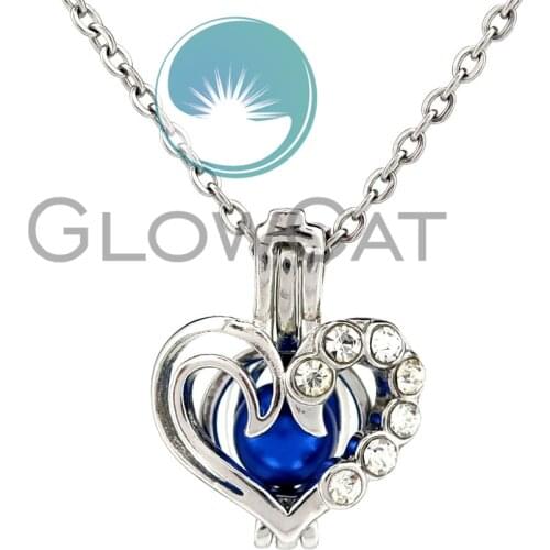 KK952 Heart Rhinestone Beads Cage Locket Pendant Perfume Diffuser Pearl Cage Necklace