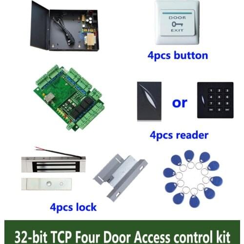 Access control kit,TCP four door access control+powercase+180kg magnetic lock+ZL-bracket +ID reader+button+10 ID tag,sn:kit-T405