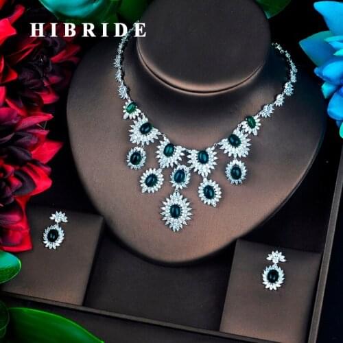 HIBRIDE New Big Green Rhinestone Bridal Jewelry Set Necklace Set Wedding Accessories Pendientes Mujer Moda 2018 N-693