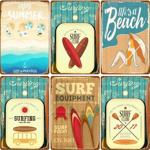 Summer Beach Poster Vintage Metal Tin Sign Miami Surf Club Art Painting Stickers Wall Decor for Pub Bar Outdoor Home Decoration