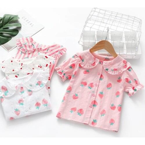 Hot Baby Girls Blouses Cute Strawberry Watermelon Cherry Print Girl Kids Shirts Short Sleeve Ruffle Tops Children Clothes Gifts