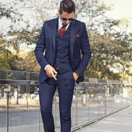 Three Pieces Navy Blue Men Suits 2021 Custom Made Two Button Groom Wear Slim Fit Wedding Suits For Men(Blazer+Vest+Pants)