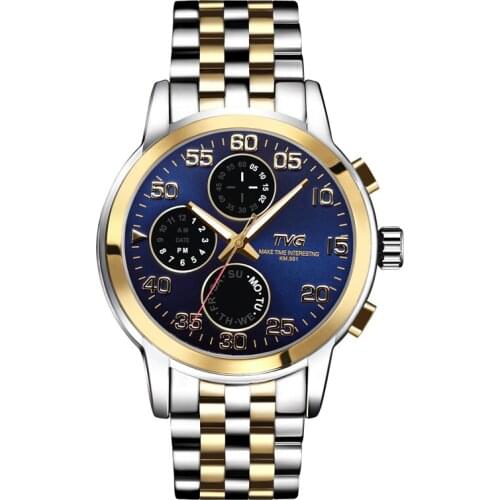 2020 Men Sports Watches Stainless Steel Dual Display Watches Waterproof MultifunctionQuartz Wristwatch Luxury Men Gold Watches