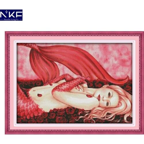 NKF Red Mermaid Patterns Religions Cross Stitch Counted Cross Stitch Kits for Embroidery Cross Crafts Hobby Cross Stitch Sets