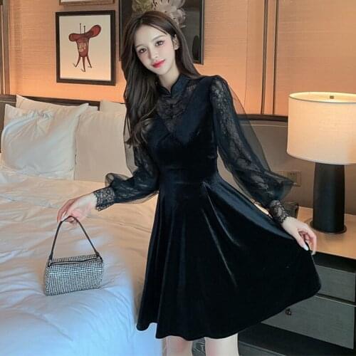 New Vintage Sexy Lace Perspective Long Sleeve Mini Party Club Dress Ladies Elegant Streetwear Casual Female Velvet Black Dress