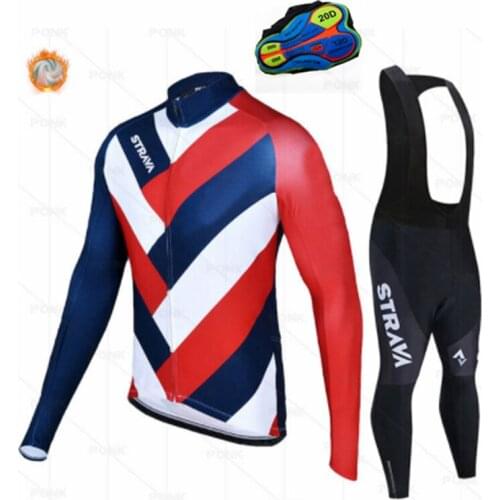 New STRAVA Winter Thermal Fleece Set Cycling Clothes Mens Jersey Suit Sport Riding Bike MTB Clothing Bib Pants Warm Sets