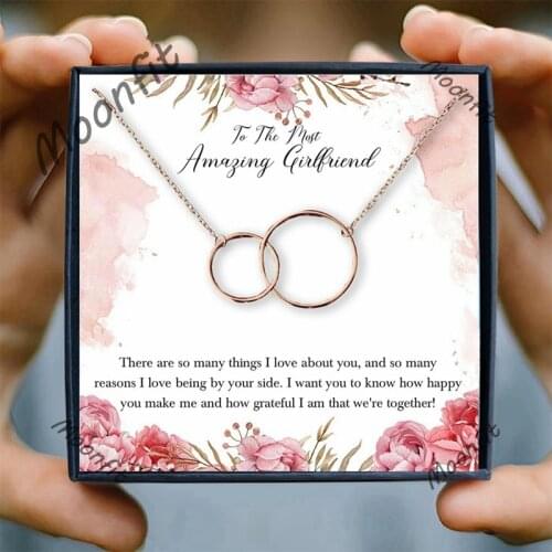 Love Gifts Rose Gold Chain Necklace Women Double Circle Necklace Birthday Jewelry Gift Necklaces for Girlfriend Valentines Day