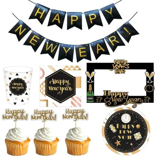 Chicinlife Happy New year Disposable Tableware Cup Plates Napkins Banner New year party Decoration 2021 New Year Balloons