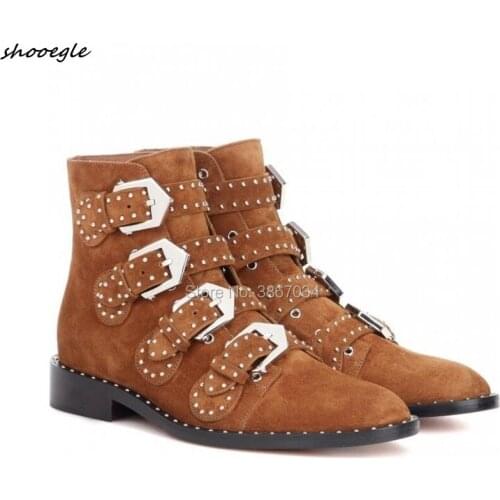 SHOOEGLE Fall Winter Women Elegant Studded Boots Western Vintage Rivets Punk Tactical Ankle Boots Silver-tone Stud Low Heels