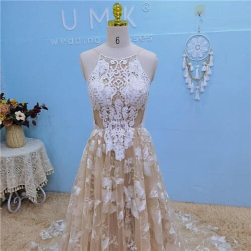 UMK Vintage Champagne Bohemia Wedding Dress Lace Halter Backless Sexy Open Back Boho Bridal Gowns