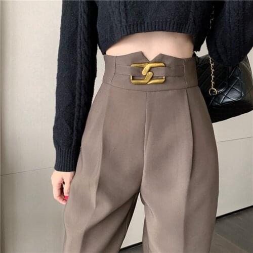 Vintage Fashion High Waist Straight Wide Leg Pants for Women Solid Color Zipper Casual Harem Pants