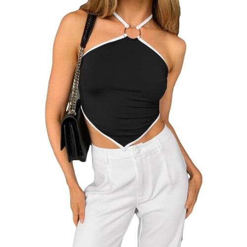 Women Summer Tank Tops, Splicing Off-Shoulder Sleeveless Backless Tight Vest with Metal Ring for Girls, Black