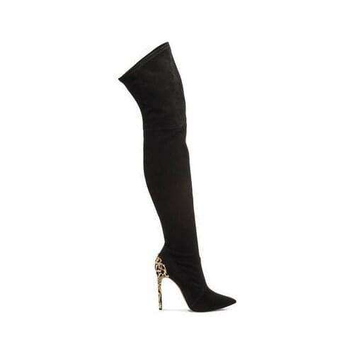 New fashion pointed toe over the knee boots gold metallic thin heels woman boots sexy thigh high boots black suede boots