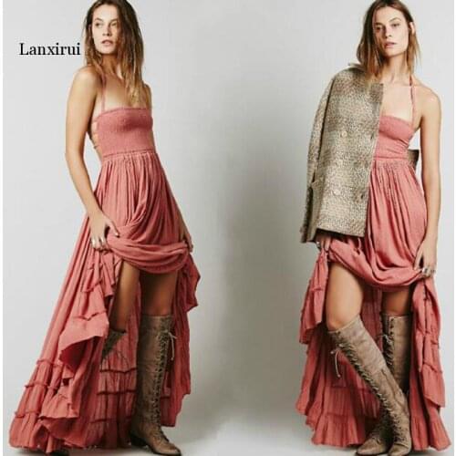 Women Sexy Halter Boho Beach Dress Bodycon Summer Pleated Ruffles Dresses Sleeveless Backless Boho Maxi Dress Clothe Robe Longue