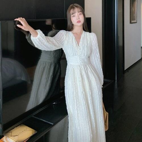 Spring Summer 2021 Dress V-Neck A-Line Streetwear Long Sleeve Beige Maxi Party Dresses Women Evening Wedding Vestidos Mujer
