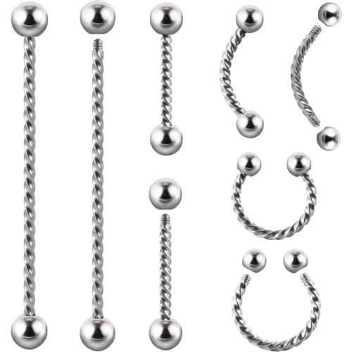 10pcs Surgical Steel Twist Style Industrial Barbell Ring Nose Septum Tongue Eyebrow Ring Ear Tragus Helix Piercing Body Jewelry