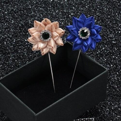 20 pcs/lot , Satin Ribbon Flower Lapel Pin with Green Rhinestone Center