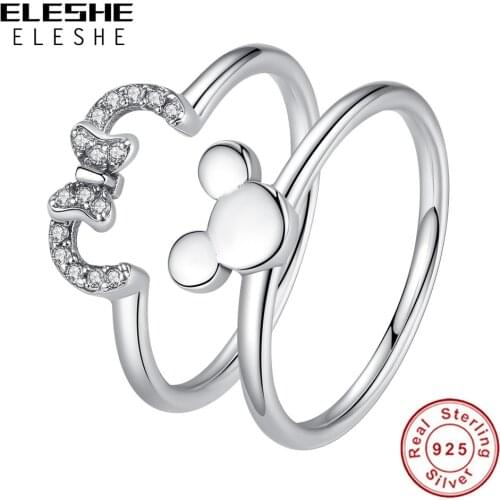 ELESHE 100% Pure 925 Sterling Silver Minnie Finger Rings with Zirconia Crystal Wedding Rings For Women Fine Jewelry Party Gift