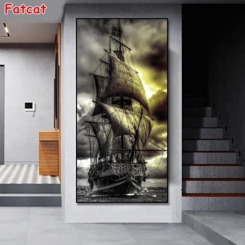 Seascape Black Boat 5D DIY Full Square Round Diamond Painting Sails In Sea Diamond Embroidery Wall Art Large Handicraft PP1789
