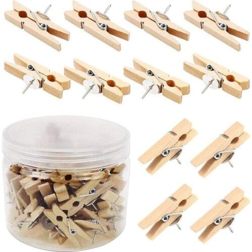 Push Pins With Wooden Clips 50Pcs Thumbtacks Pushpins Creative Paper Clips Clothespins Natural Color for Cork Board and Photo